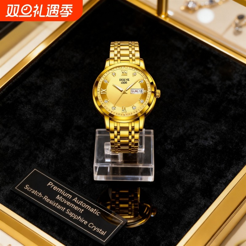 手表男款机械风全自动防水高级感全自动男表数字双日历防水腕表男