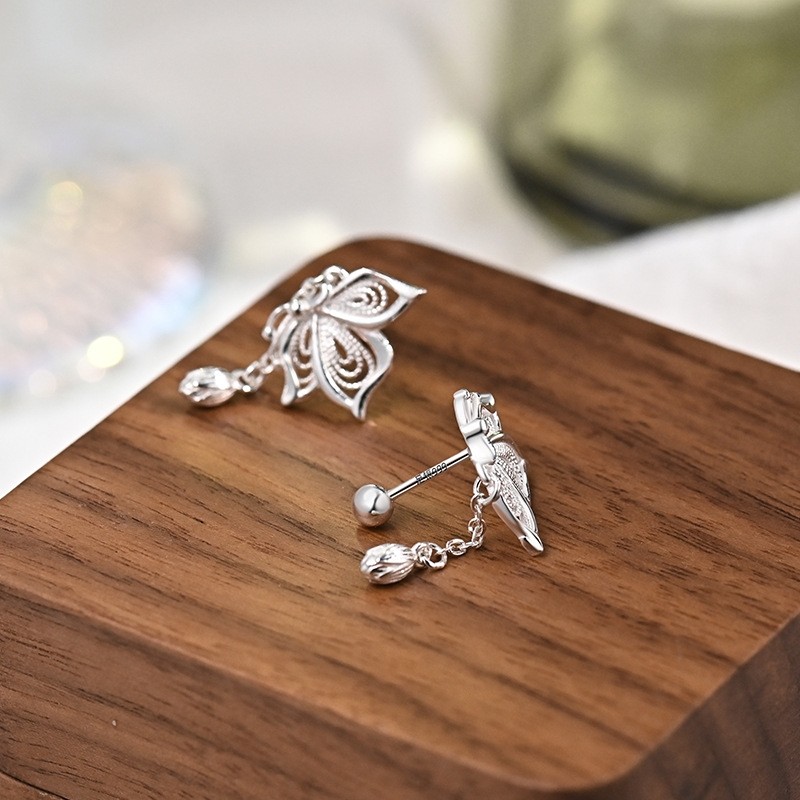 S999银耳环小清新甜美流苏新款蝴蝶耳钉女韩版耳骨钉睡觉不用摘耳