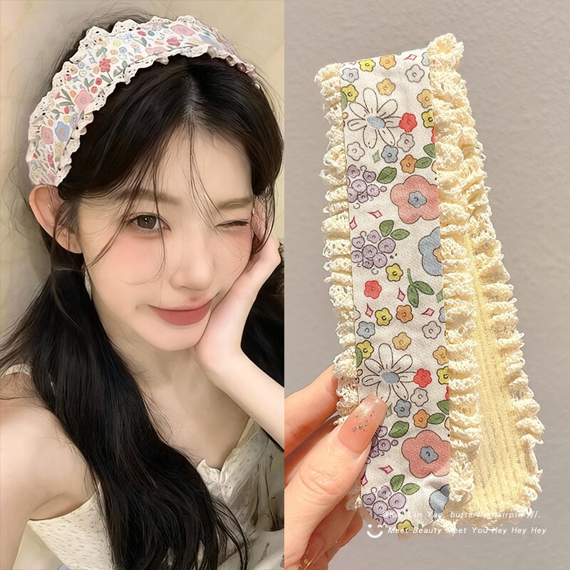 森系田园风蕾丝碎花刘海贴前额碎发魔术贴发箍女不伤发发带