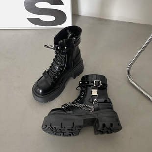 他她女孩机车少女暗黑马丁靴潮酷ins高跟厚底增高短靴春机车靴秋