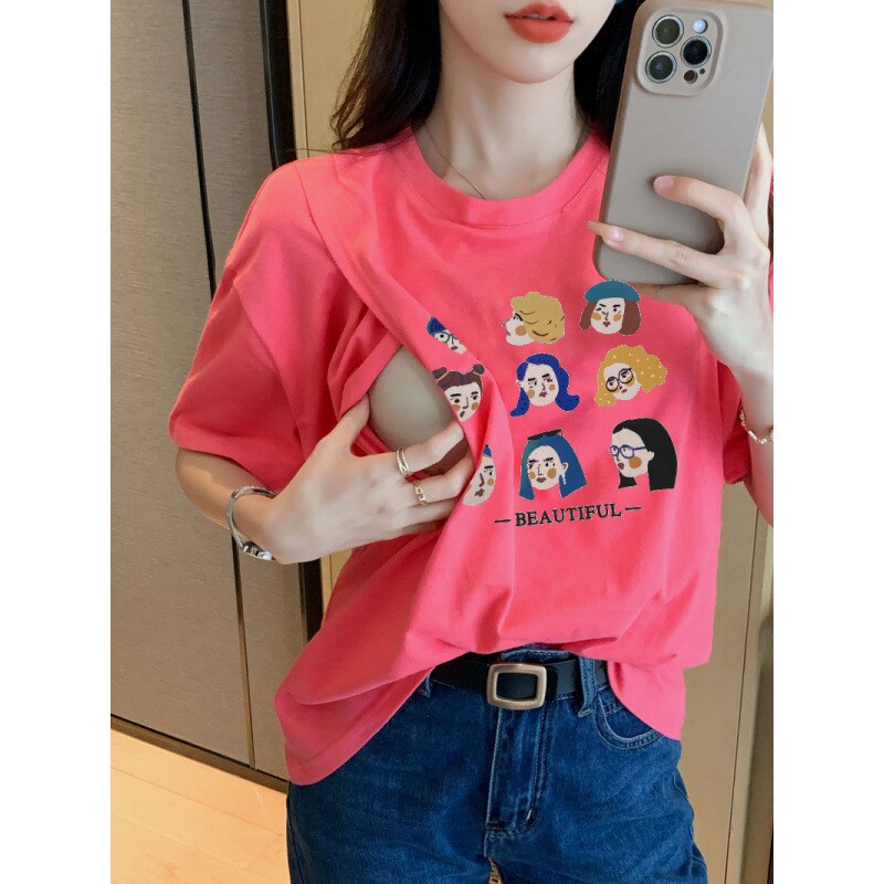 上掀式哺乳上衣外出辣妈款夏季纯棉短袖T恤薄款可外穿产后喂奶衣