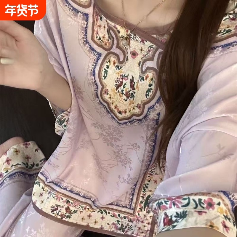 可外穿外衣提花夏季汉服国风古风女孩睡衣家居服新中式紫色金丝绒