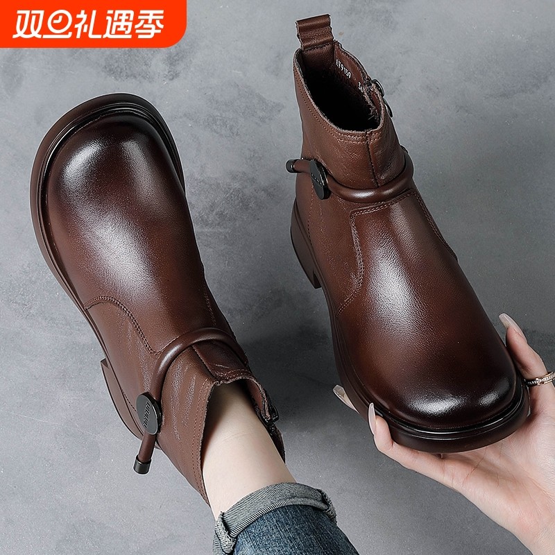 他她女孩头层牛皮秋冬2025新款单靴子女复古中年妈妈皮鞋加绒真皮