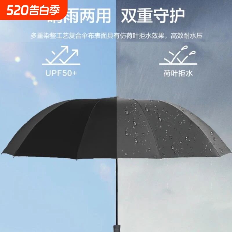 晴雨两用3折叠伞12骨UPF50+防晒防风大伞面仿荷叶拒水雨伞