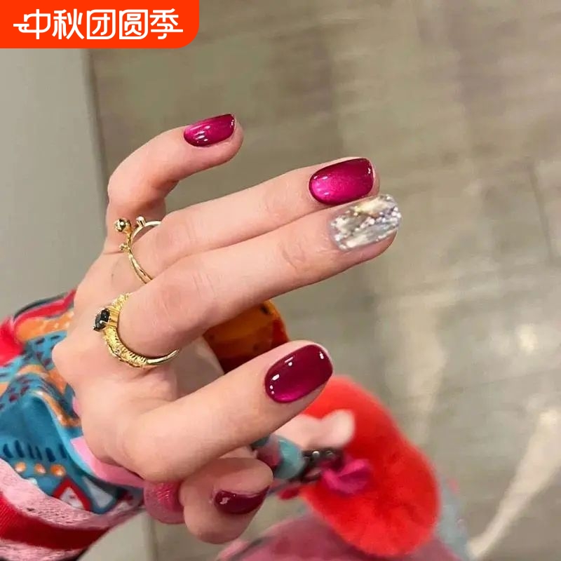 手工儿童美甲穿戴甲高级感短款火龙果色猫眼满钻指甲贴2025年新款