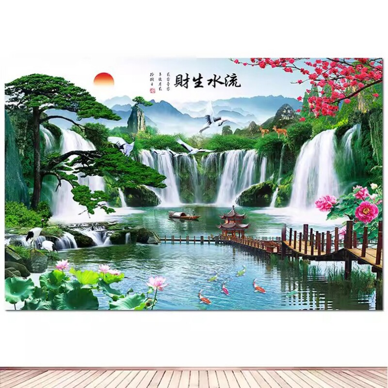 山水画迎客松荷花九鱼图装饰画墙贴画壁画湖水凉亭流水生财风景画
