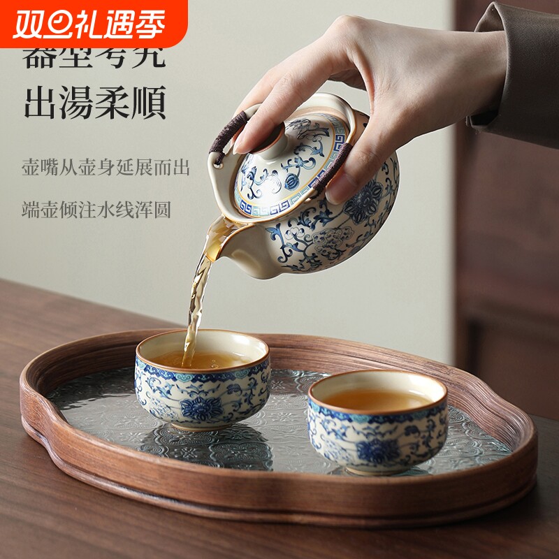 青花汝窑手抓壶盖碗茶杯高档大号防烫家用功夫茶具泡茶茶碗带盖