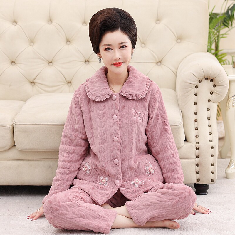 妈妈睡衣女秋冬季珊瑚绒加绒加厚法兰绒冬天大码中老年家居服套装