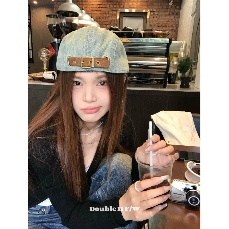 美式复古帽子女夏季贝雷帽男短檐鸭舌帽做旧前进帽画家帽牛仔蓝色