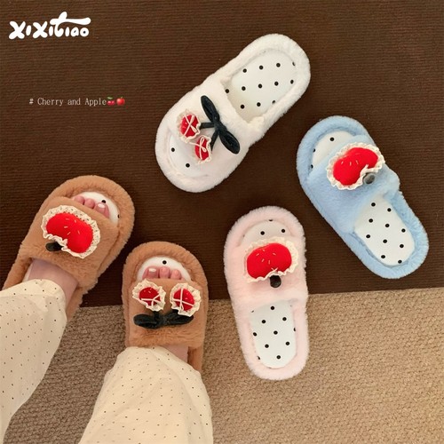 细细条甜美樱桃苹果波点毛毛鞋