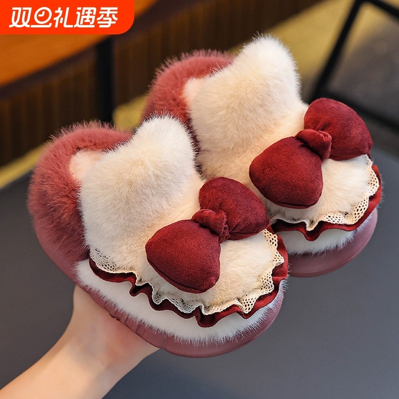 儿童棉拖鞋包跟女童公主防滑EVA厚底保暖蝴蝶结毛毛棉鞋冬鞋子