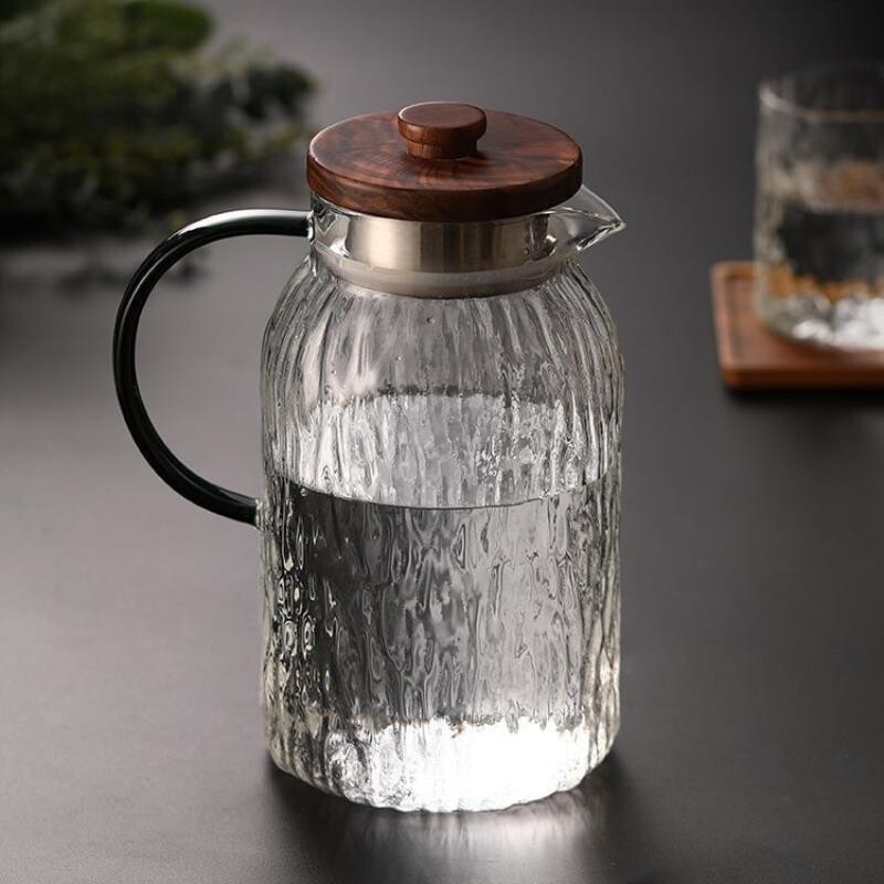 树皮冷水壶实木盖果汁扎壶晾凉白开水饮料大容量冰川纹玻璃凉水壶