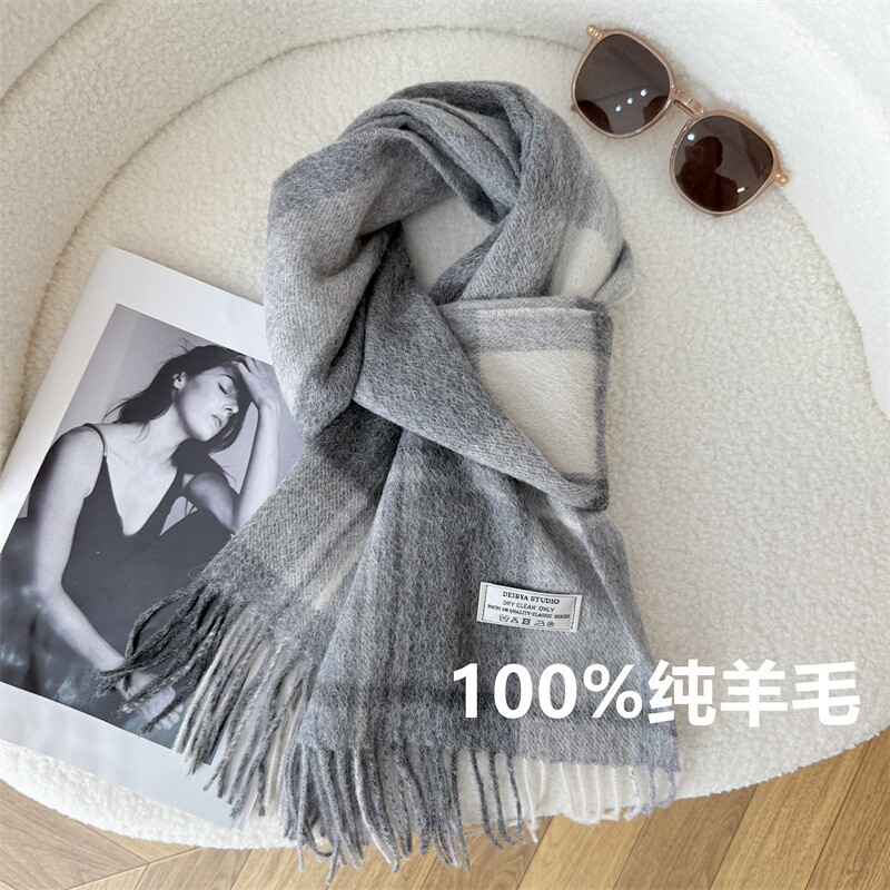 英伦100%纯羊毛围巾男女情侣红色格子高级感冬保暖礼盒装送礼围脖