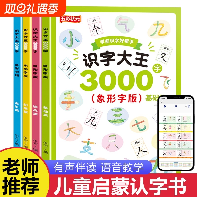 识字大王3000字全套4册 儿童启蒙早教卡片3-4-5-6-7岁幼儿园中班大班学前班宝宝幼小衔接学前看图识字书由易到难由简入繁象形教材