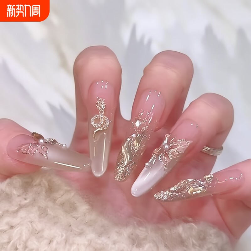 穿戴甲2025新款超显白蝴蝶金蛇猫眼美甲轻奢中长款立体感固态扁平