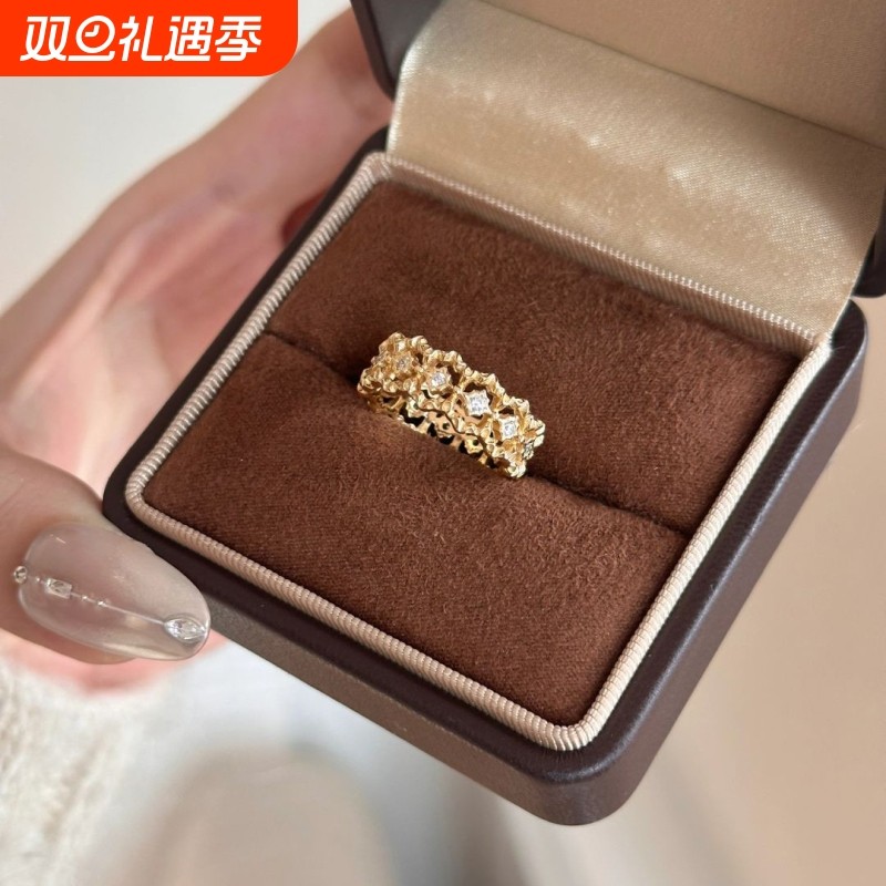 法式中古蕾丝花边镂空网状戒指女小众时尚轻奢镶嵌锆石高级感手饰