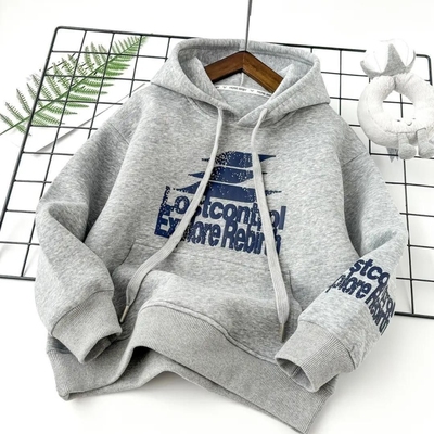 2025新款潮牌印花男童连帽卫衣春秋冬加绒加厚保暖打底衫上衣灰色