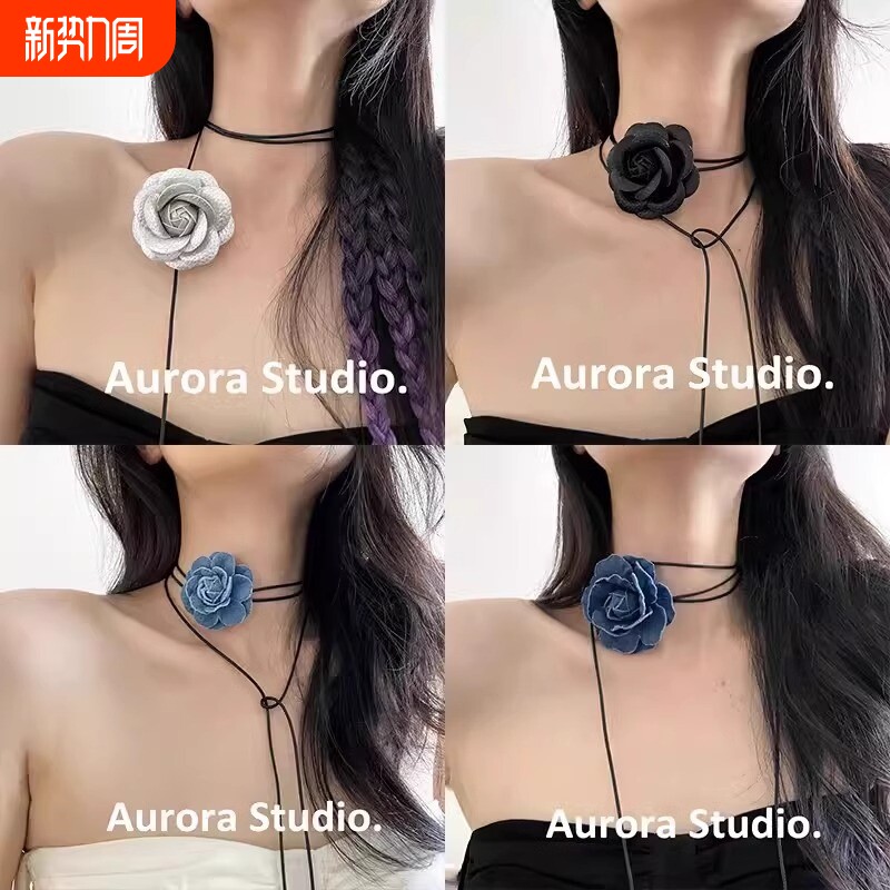 玫瑰花项链choker颈花黑色花朵项圈颈带山茶花脖子配饰颈链缎带