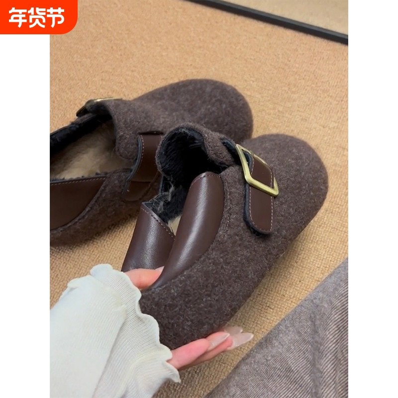 内增高5cm两穿毛呢勃肯鞋女冬季新款百搭加绒保暖一脚蹬厚底棉鞋,女鞋,勃肯鞋/软木鞋,淘宝优惠券,粉丝福利购,淘宝优惠卷