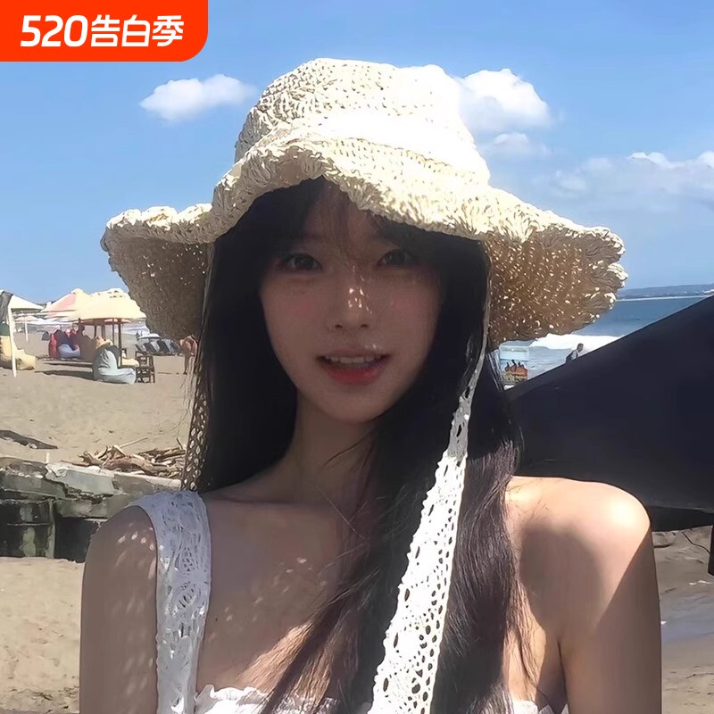 镂空编织草帽女夏季海边度假田园风蕾丝系带大檐防晒百搭渔夫帽子