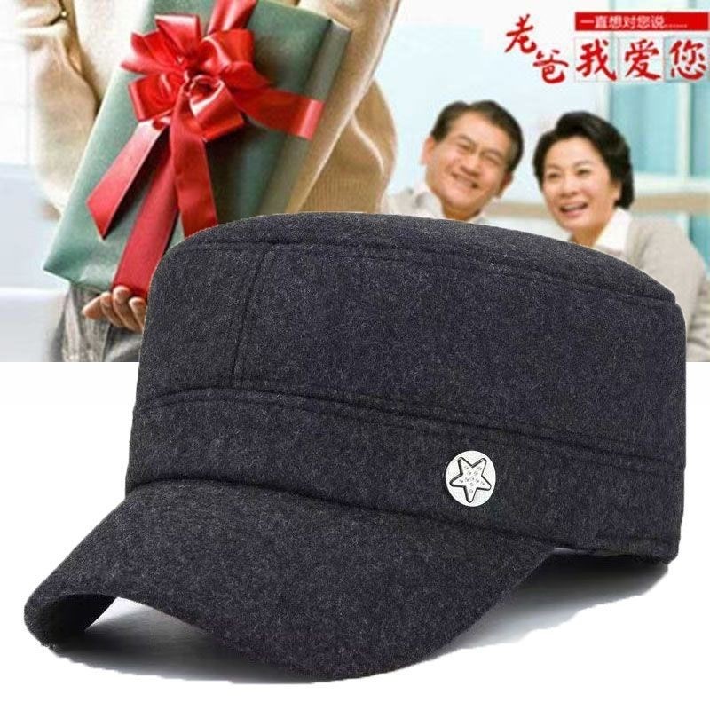 防寒帽子男士冬季中老年人保暖鸭舌帽加厚爸爸护耳老头平顶帽骑车