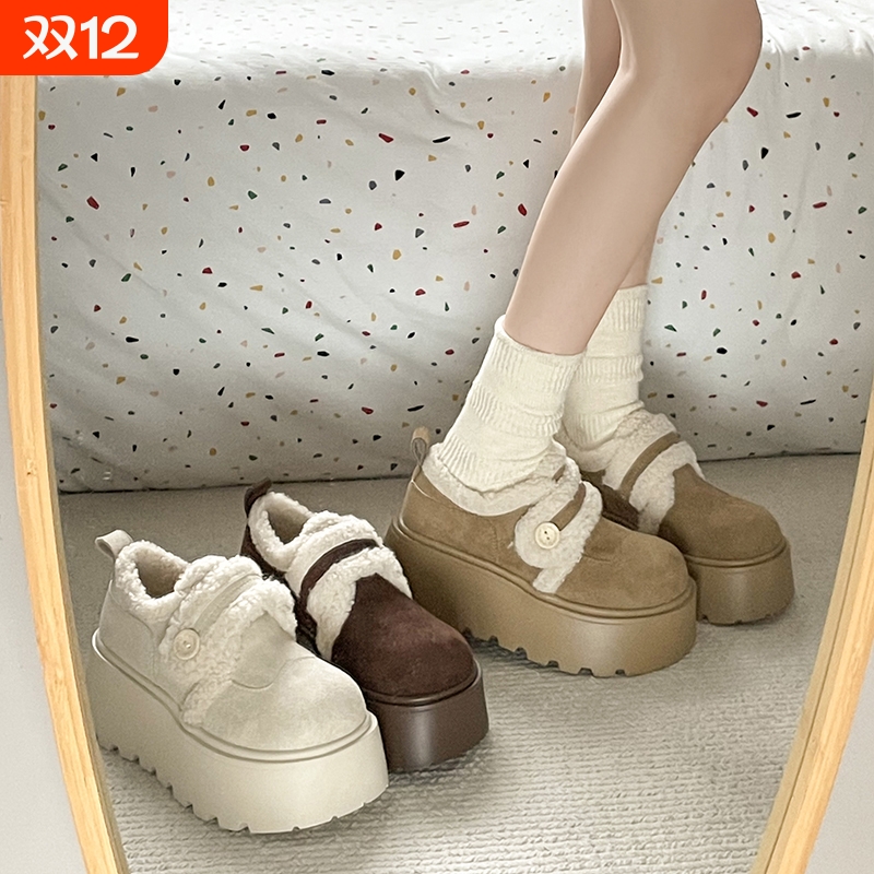 白色复古增高厚底加绒雪地棉鞋女2025新款冬季加厚保暖毛毛勃肯鞋