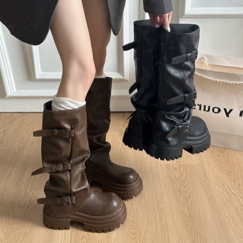 他她女孩美拉德小个子皮带扣裤管长靴女2025秋冬季显瘦堆堆长靴子
