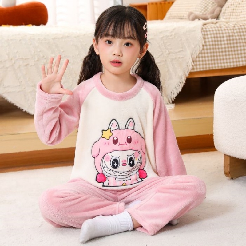 女童秋冬季睡衣法兰绒薄绒男童2025新款中大童家居服珊瑚绒加绒