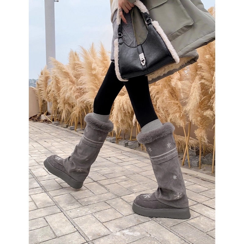 2025巨好看灰色厚底棉靴毛毛长筒靴高筒东北雪地靴女冬鞋加绒白色