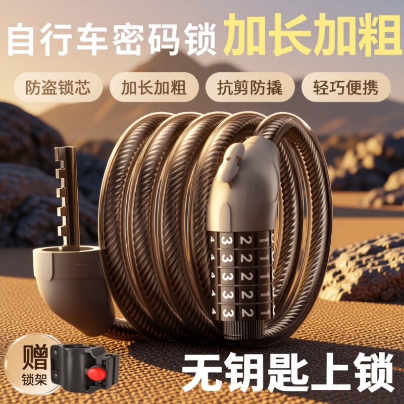 自行车密码锁抗剪防盗便携式山地车链条电动单车锁钢缆碟刹锁通用