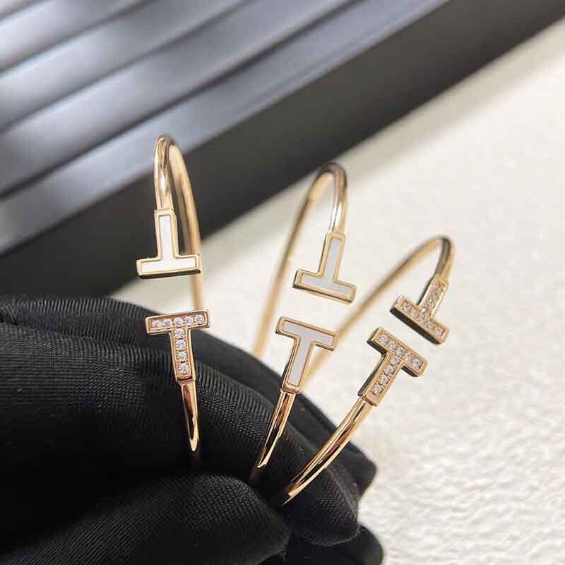 双T开口手镯厚镀18k女t形手环玫瑰金满钻白贝母轻奢可调节黄金