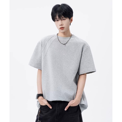 美式正肩太空棉重磅短袖t恤男2026新款拼接boxy短款宽松半袖体恤