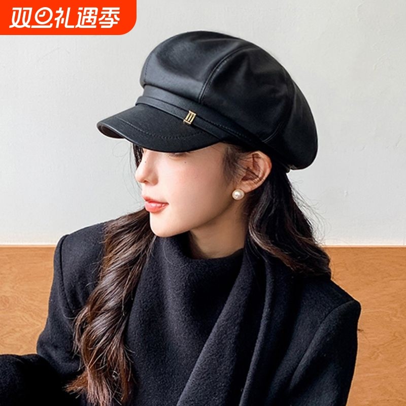 皮质八角帽女2024新款英伦复古报童帽大头围百搭街头鸭舌贝雷帽子