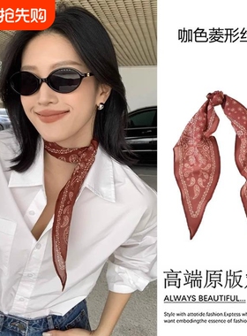 复古三角巾丝巾2025新款方巾腰巾搭配系脖配饰红色棕色粉色棉麻