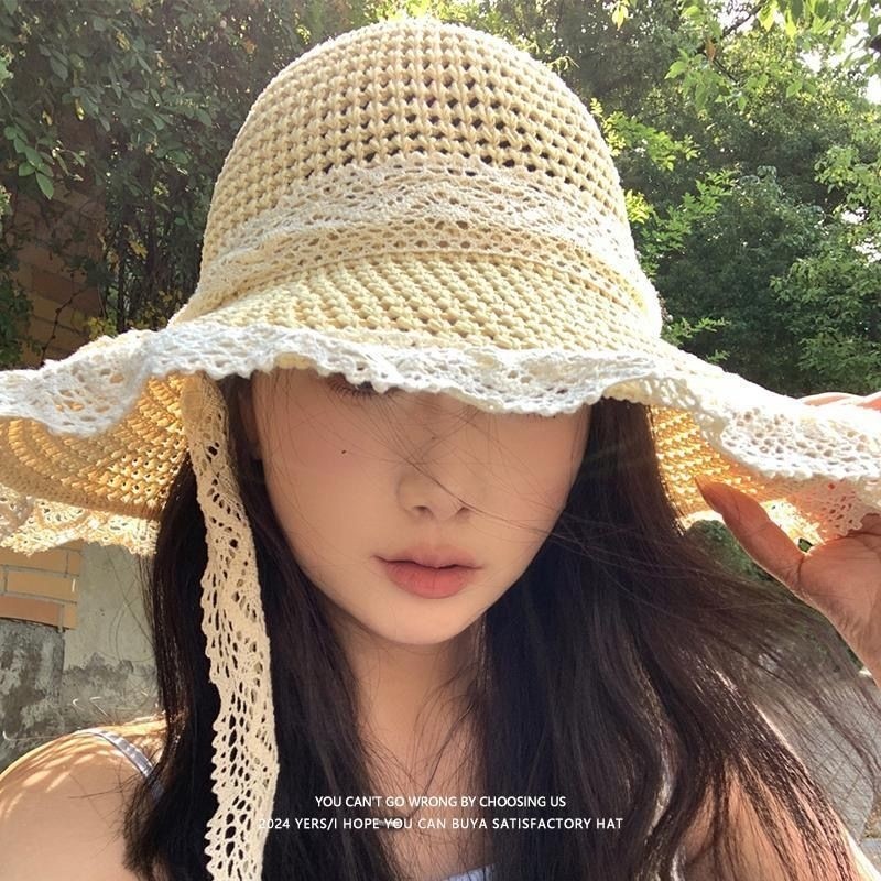 森系蕾丝飘带草编帽女出游防晒沙滩海边太阳帽帽子遮阳帽多规格