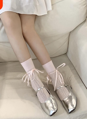 芭蕾风白色袜子女夏季薄款网眼绑带蝴蝶结jk少女洛丽塔袜灰色中筒