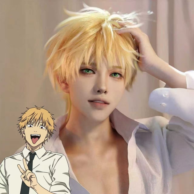 电次假发cos金毛动漫角色电锯人微造型万用毛胚打毛顶自然全头套