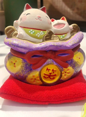 乐喵 陶瓷粗陶工艺品祈福开运手绘店铺桌面车载家居小摆件招财猫