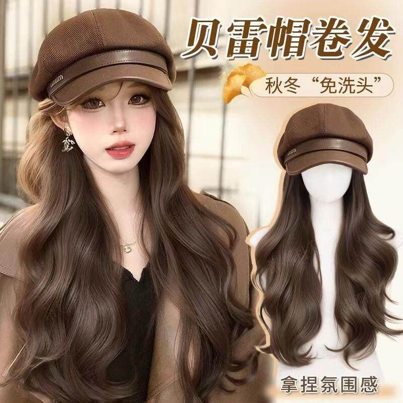 帽子假发一体2025新款气质时尚八角帽逼真自然大波浪长卷发贝雷帽