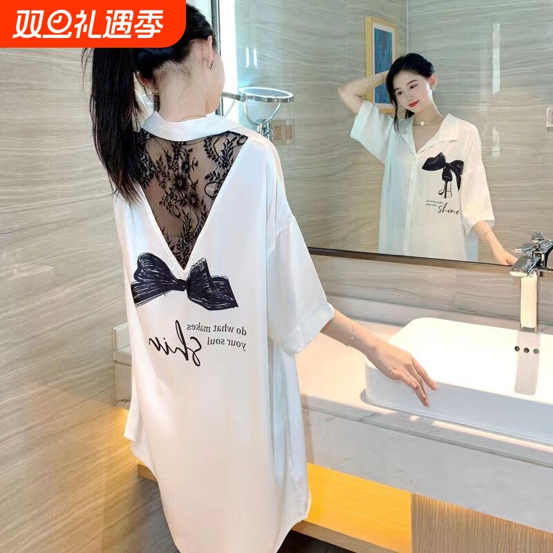 冰丝睡裙女夏季2024年新款网红风高级性感宽松大码衬衫睡衣可外穿