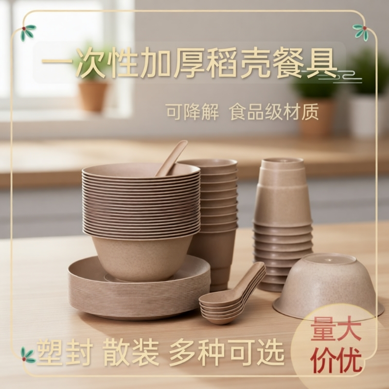 稻壳一次性碗筷杯勺四件套环保