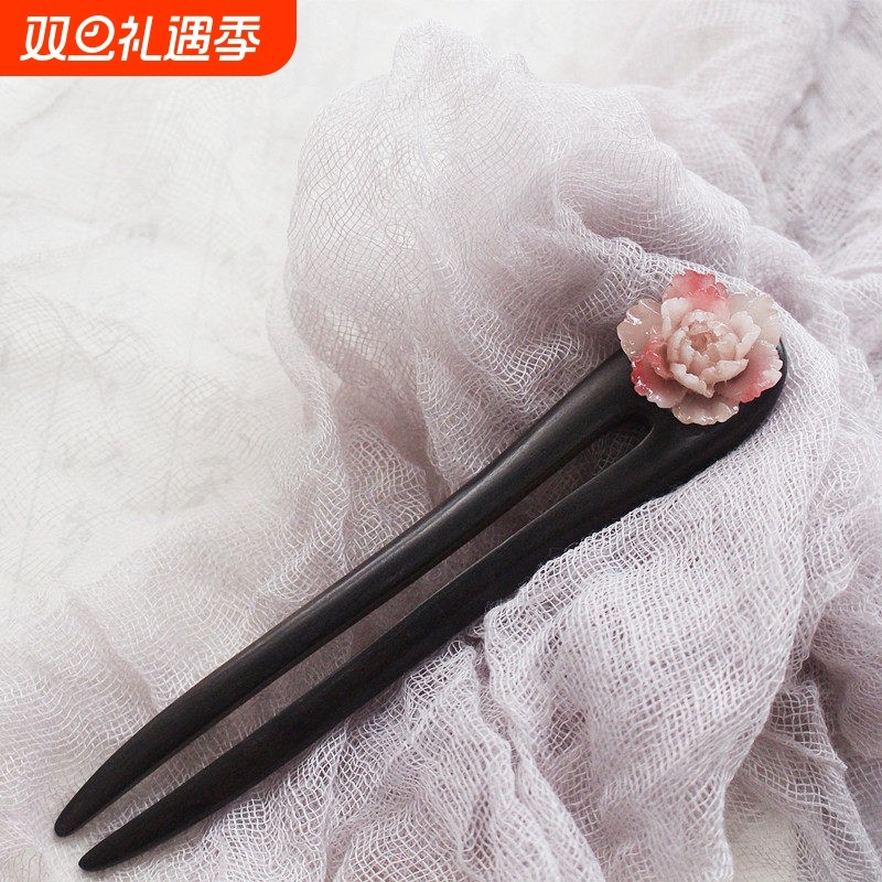 牡丹双插短款黑檀木古典发簪盘发古装汉服发钗木质头饰简约百搭