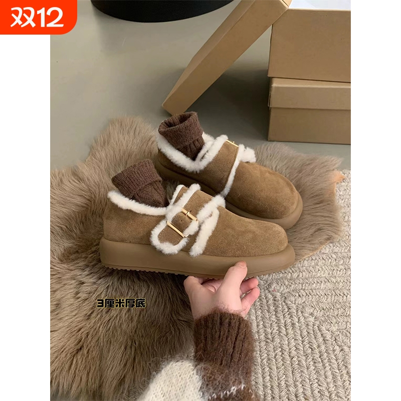 厚底软皮勃肯鞋女加绒洋气复古一脚蹬棉鞋毛毛鞋女冬外穿乐福鞋子