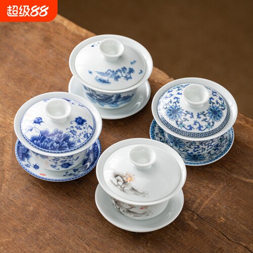 羊脂玉旋转悬停三才盖碗茶杯白瓷泡茶碗大号家用功夫茶具马蹄传统