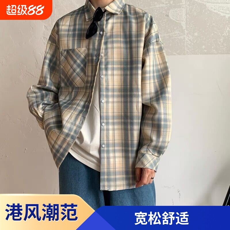 春季衬衫男长袖痞帅宽松港风初春格子衬衣服日系韩版潮流休闲上衣