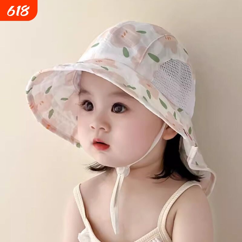 宝宝防晒帽子夏季薄款时尚大檐婴儿太阳渔夫帽女童网眼披肩遮阳帽