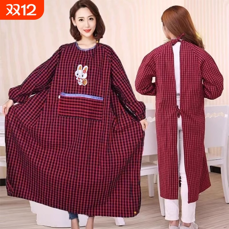 加肥加长棉麻老粗布带长袖围裙厨房防油污成人罩衣男女工作服秋冬