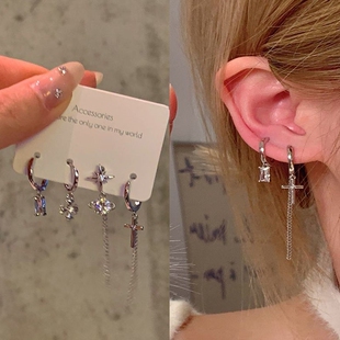 街头甜酷4件套耳圈女十字架长款流苏耳饰小众设计感高级耳钉耳扣