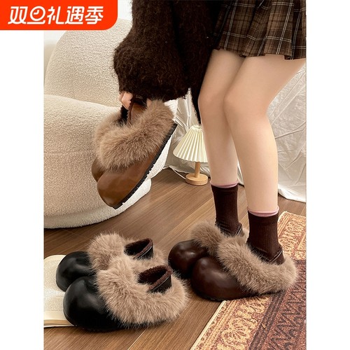 加绒保暖防滑厚底棉鞋女冬2025新款外穿增高加厚毛毛勃肯鞋子高跟