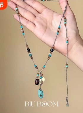 「biu boom」民族风绿色吊坠串珠项链复古个性小众简约锁骨链